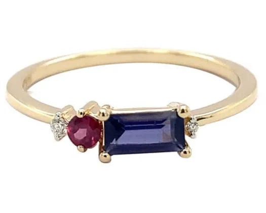 9CT YELLOW GOLD IOLITE, RHODOLITE GARNET AND DIAMOND RING TDW=0.02CT HI SI SIZE P