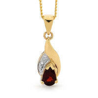 9CT YELLOW GOLD GARNET AND DIAMOND PENDANT ON GOLD PLATED DISPLAY CHAIN