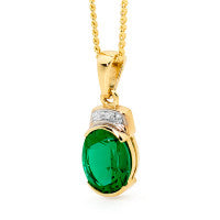9CT YELLOW GOLD CREATED EMERALD PENDANT 9X7 MM