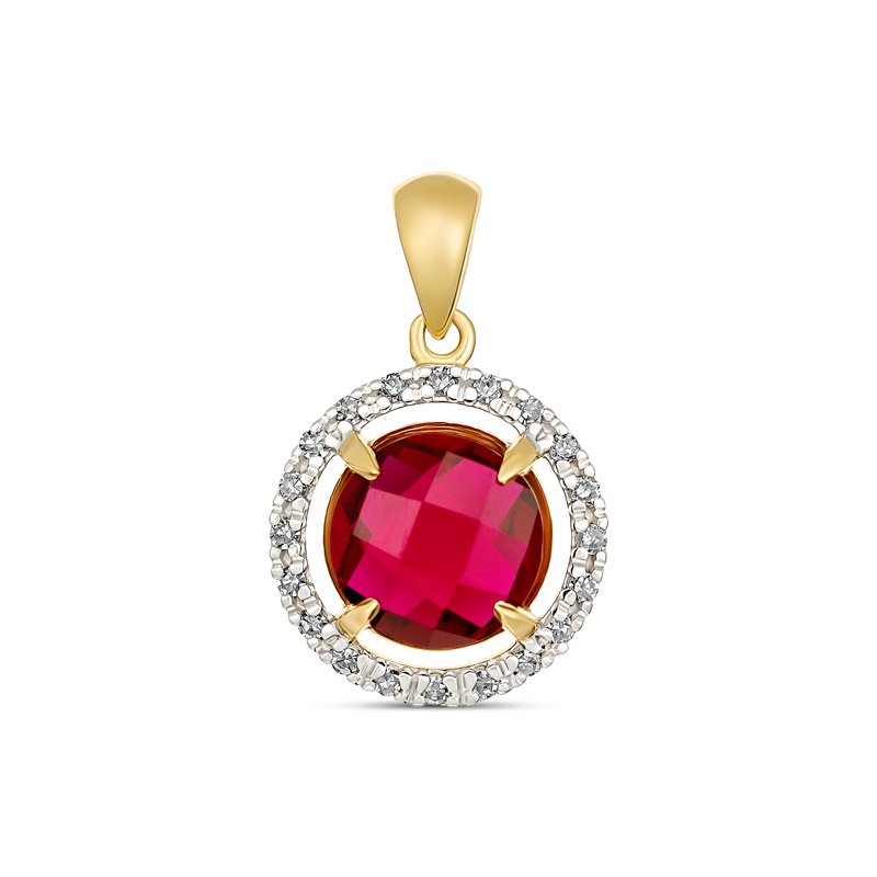9ct yellow gold created 8mm round ruby and diamond pendant