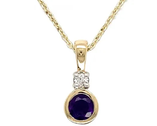9CT YELLOW GOLD AMETHYST AND DIAMOND PENDANT ON 9CT YELLOW GOLD 45CM CHAIN TDW=0.05CT HI SI