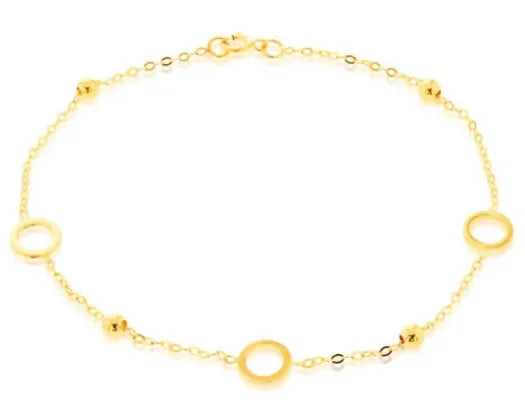 9CT YELLOW GOLD CIRCLE AND BEAD BRACELET 19CM