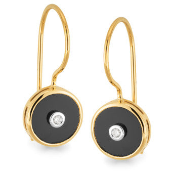 9CT YELLOW GOLD ONYX & DIAMOND EARRINGS