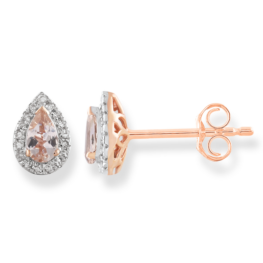 9CT ROSE GOLD MORGANITE AND DIAMOND EARRINGS TDW=0.10CT HI I1