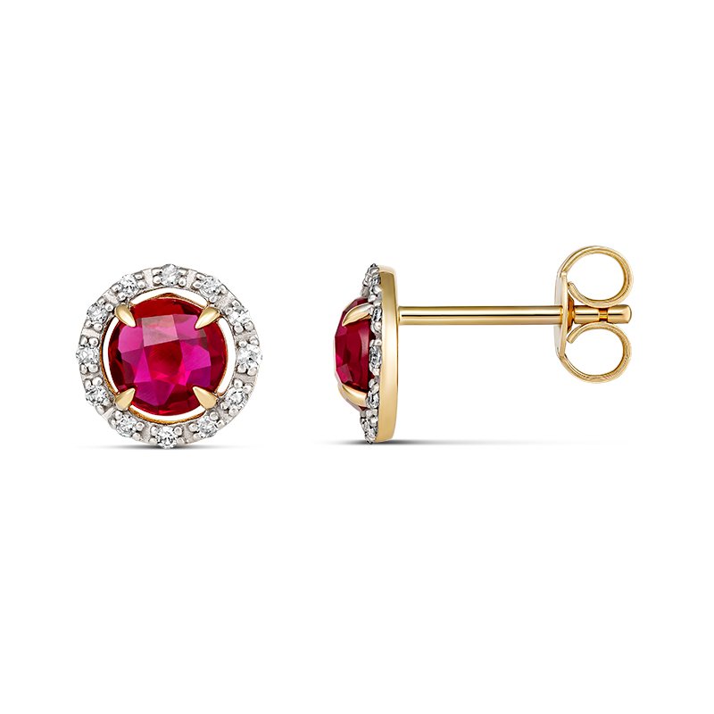 9ct yellow gold created ruby and diamond stud earrings