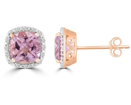 9CT ROSE GOLD PINK AMETHYST AND DIAMOND HALO EARRINGS TDW=0.10CT HI I1