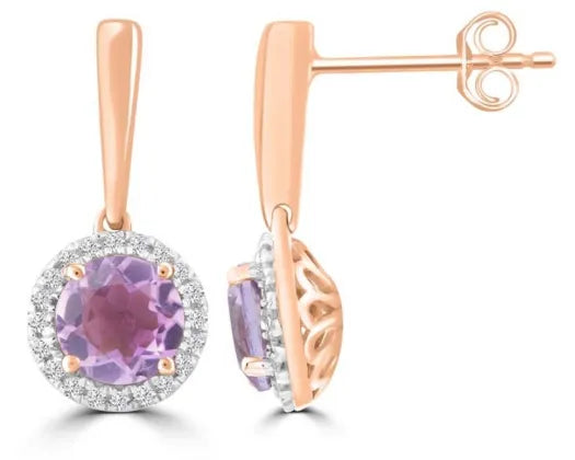 9CT ROSE GOLD PINK AMETHYST AND DIAMOND HALO EARRINGS TDW=0.12CT HI I1