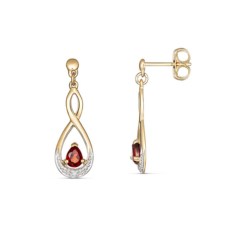 9ct yellow gold 4x3mm pear garnet and diamond drop earrings