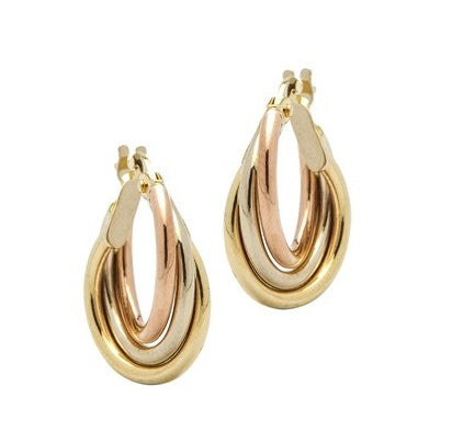 9CT YELLOW, WHITE AND ROSE GOLD FANCY HOOP EARRING