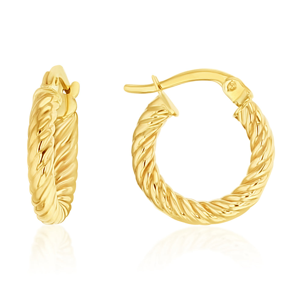 9CT YELLOW GOLD TIGHT ROPE TWIST 10MM HOOP EARRINGS