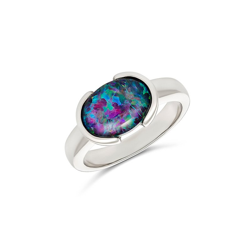 STERLING SILVER 11X9mm OVAL BEZEL SET TRIPLET OPAL RING