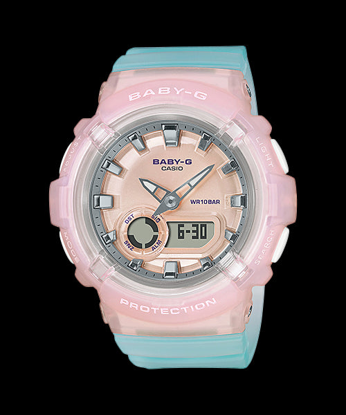 BABY G DUO S/WTCH ALARM 100M WR PINK FACE & BEZ GREEN RES BAND