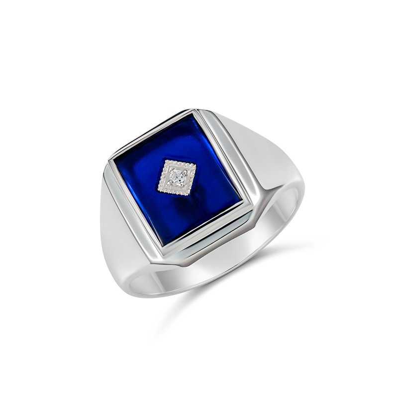 STERLING SILVER 12X10MM RECTANGLE SYNTHETIC BLUE SPINEL GENTS RING CENTRE SET WITH CUBIC ZIRCONIA SIZE V