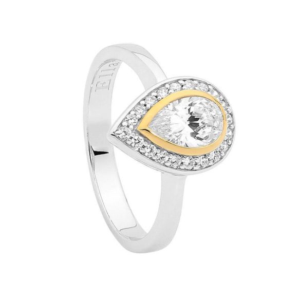SS WH CZ PEAR W WH CZ SURROUND RING W GOLD PLATING SIZE 7