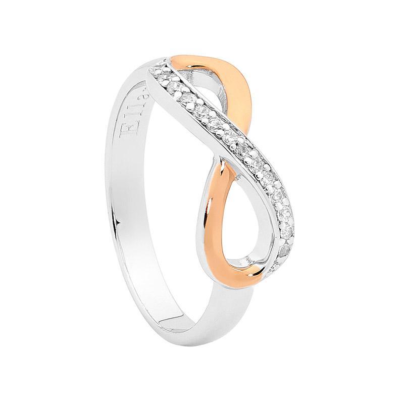 SS HALF SIDE WH CZ INFINTY RING W ROSE GOLD PLATING SIZE 10