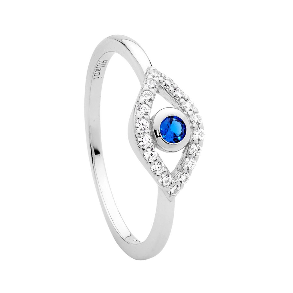 SS WH & BLUE CZ BEZEL SET EVIL EYE RING SIZE 6