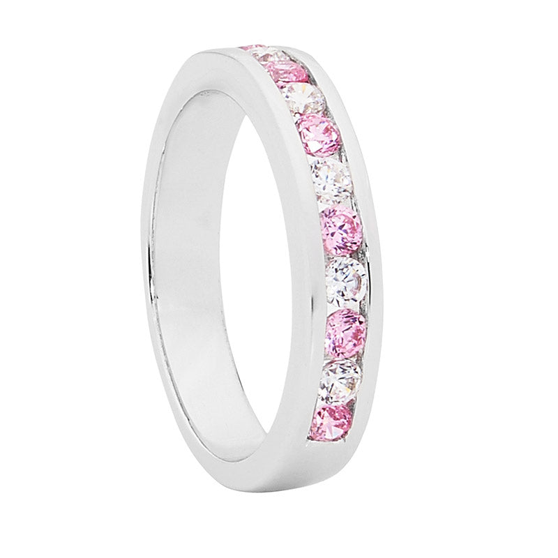 SS PINK & WH ROUND CZ CHANNEL SET RING SIZE 10