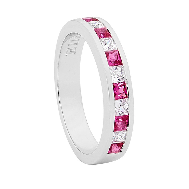 SS RED & WH PRINCESS CUT CZ CHANNEL SET RING SIZE 8