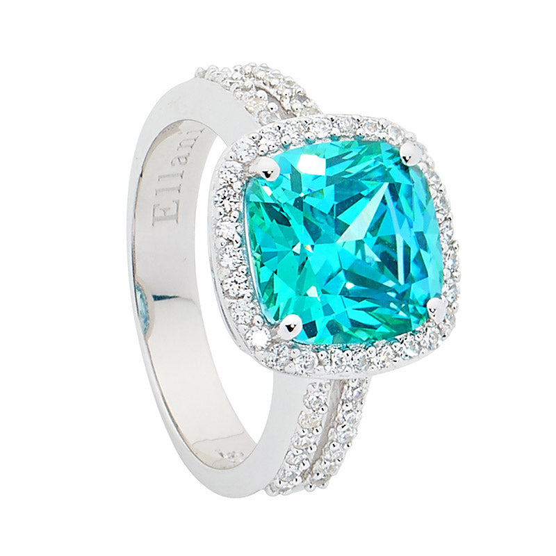 SS MINT CUSHION CUT CZ W WH CZ SURROUND & SPLIT BAND RING SIZE 9