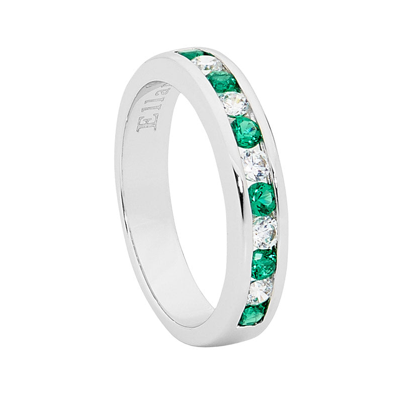 SS GREEN & WH ROUND CZ CHANNEL SET RING SIZE 7