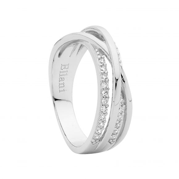 SS WH CZ & PLAIN CROSSOVER BAND RING SIZE 10