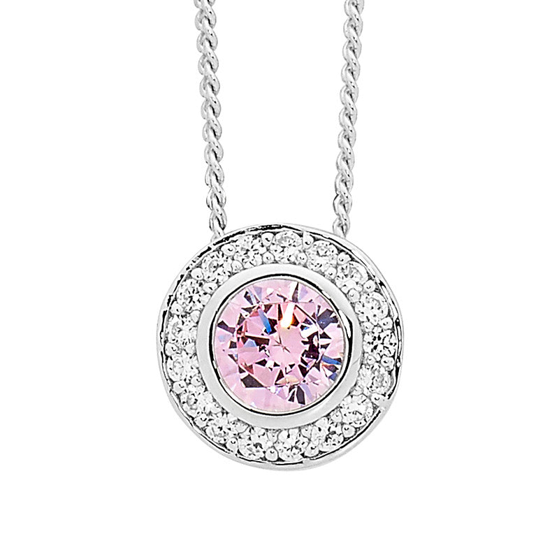 SS Round Light Pink CZ Sol. w/ WH CZ Claw Surround Pendant