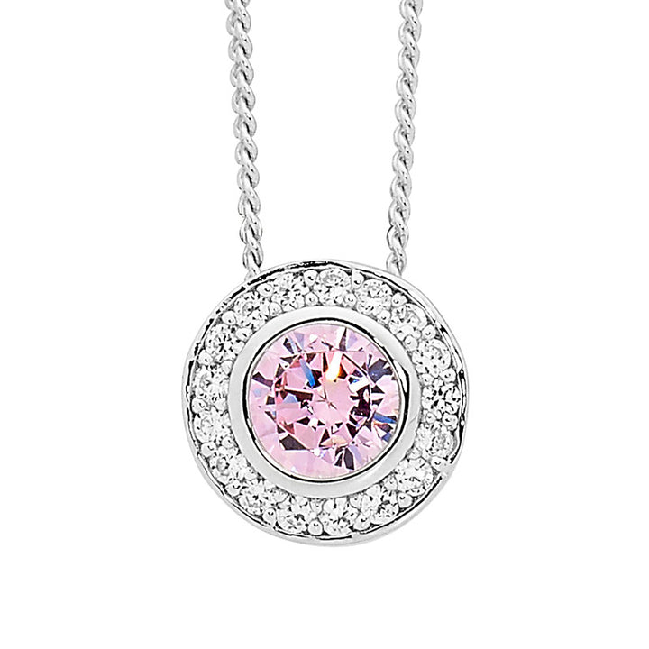 SS Round Light Pink CZ Sol. w/ WH CZ Claw Surround Pendant