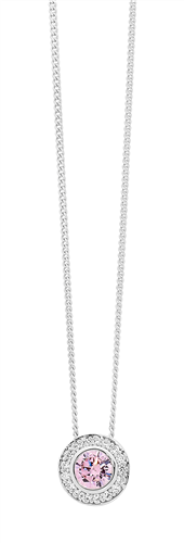 SS Round Light Pink CZ Sol. w/ WH CZ Claw Surround Pendant