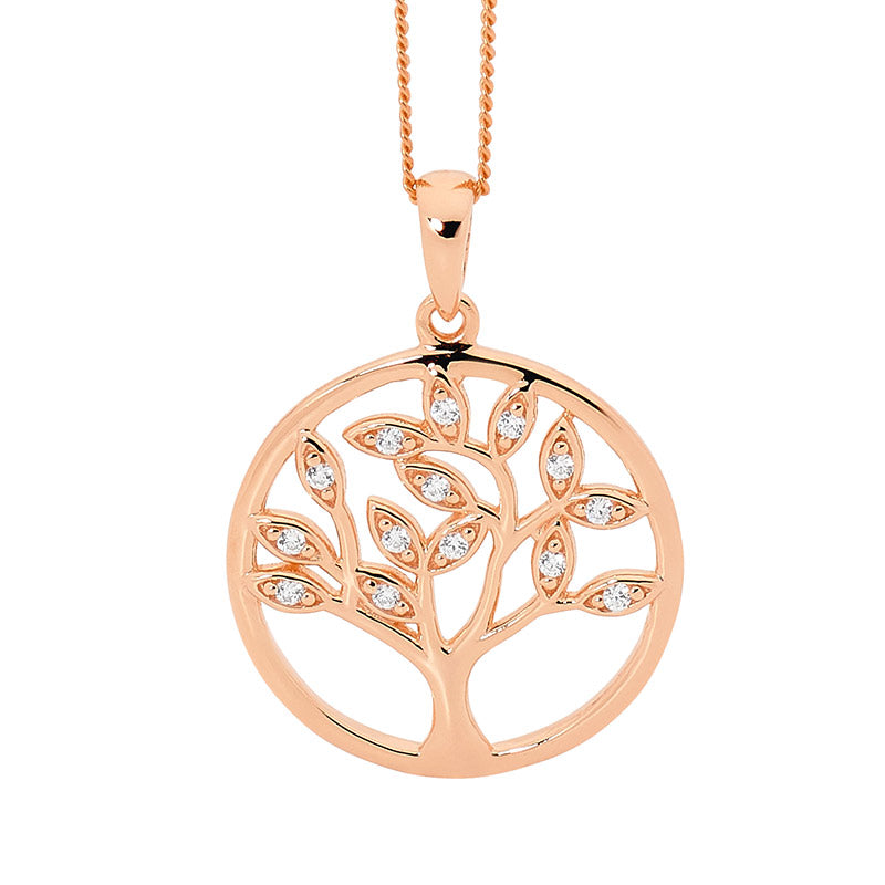 SS WH CZ Tree of Life Pendant w/ Rose Gold Plating
