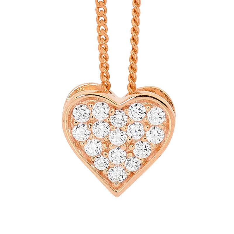 SS WH CZ Pave Flat Heart Pendant w/ Rose Gold Plating