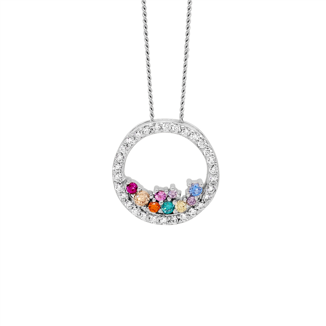SS wh cz 14mm open circle pendant w/ scattered multi colour cz