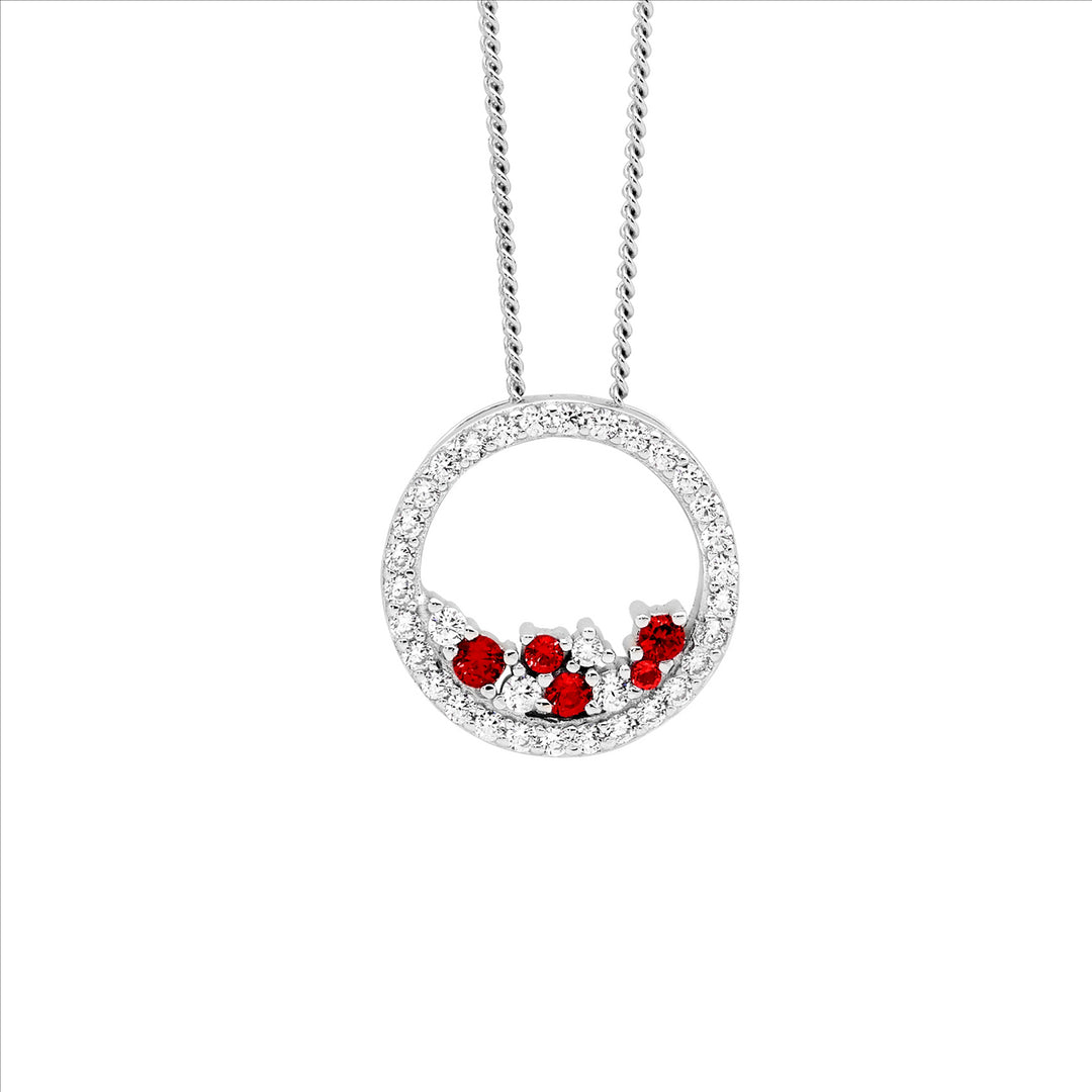 SS wh cz 14mm open circle pendant w/ scattered red & wh cz