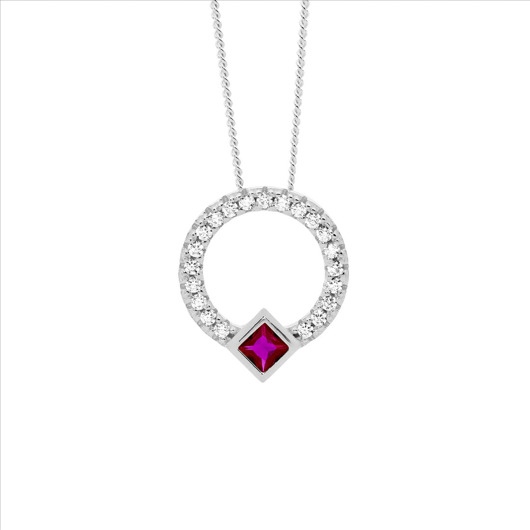 SS wh cz 13mm open circle pendant w/ red cz princess cut bezel set