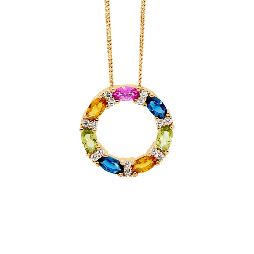 SS multi colour oval & wh rnd cz 18mm circle pendant w/gold plating