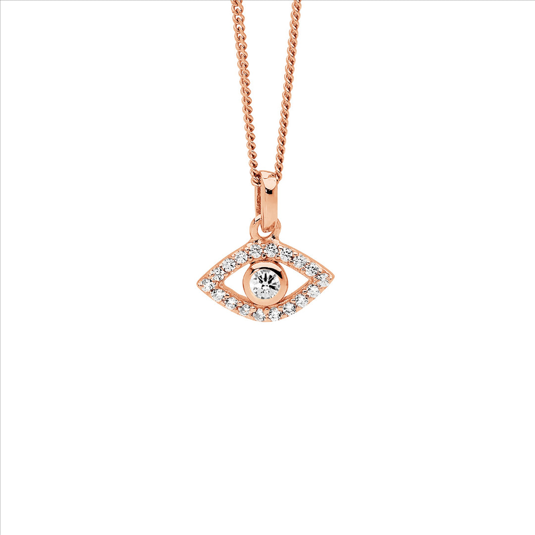 SS wh cz bezel set evil eye pendant w/rose gold plating