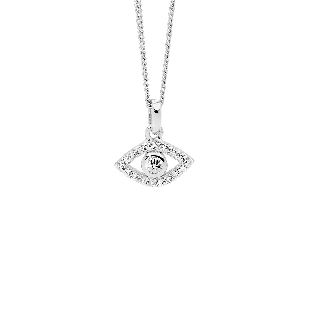 SS wh cz bezel set evil eye pendant