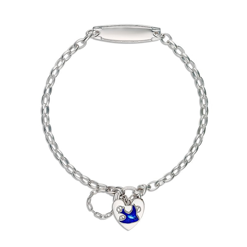 STERLING SILVER 1+3 FIGARO BRACELET WITH ID PLATE AND BLUEBIRD PADLOCK 16CM