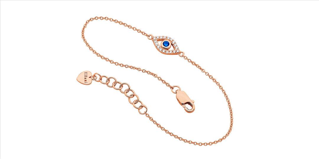 Sterling silver wh & blue cubic zirconia bezel set evil eye bracelet w/rose gold plating - rrp $119