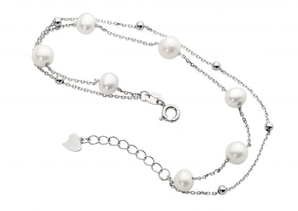 SS Dbl Chain Bracelet w/ Freshwater Pearl & Ball w/ ext. Chain