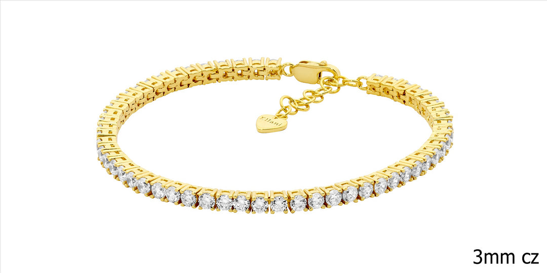 Sterling silver wh cubic zirconia 3mm tennis bracelet w/ext chain & gold plating