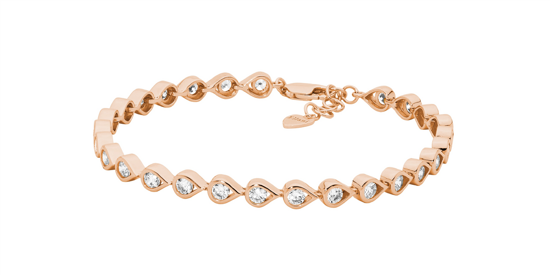 SS open tears w/ wh cz bracelet, 17cm w/ext chain & rose gold plating