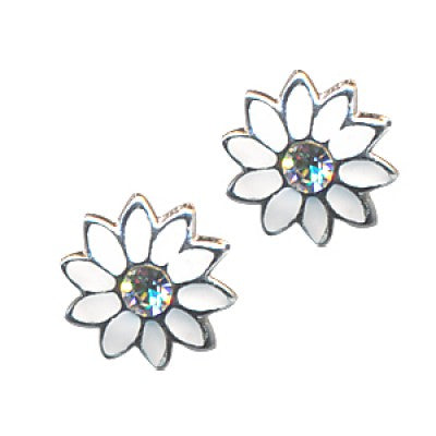 Sterling silver white enamel flower with cubic zirconia studs