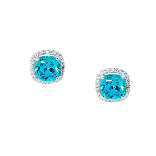SS Mint Cushion Cut CZ w/ WH CZ Surround Earrings