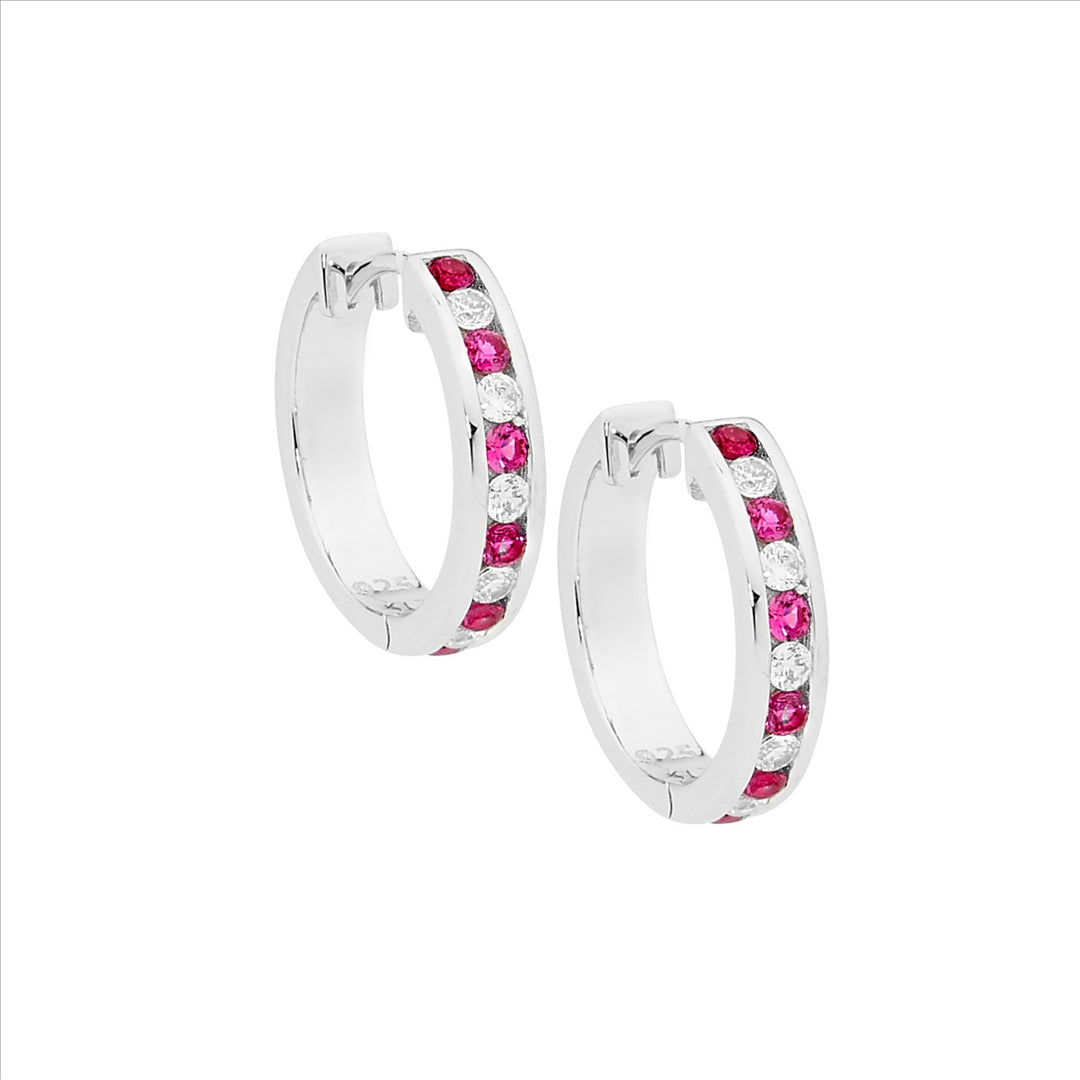 SS Red & WH CZ Rnd Channel Set 18mm Hoop Earrings