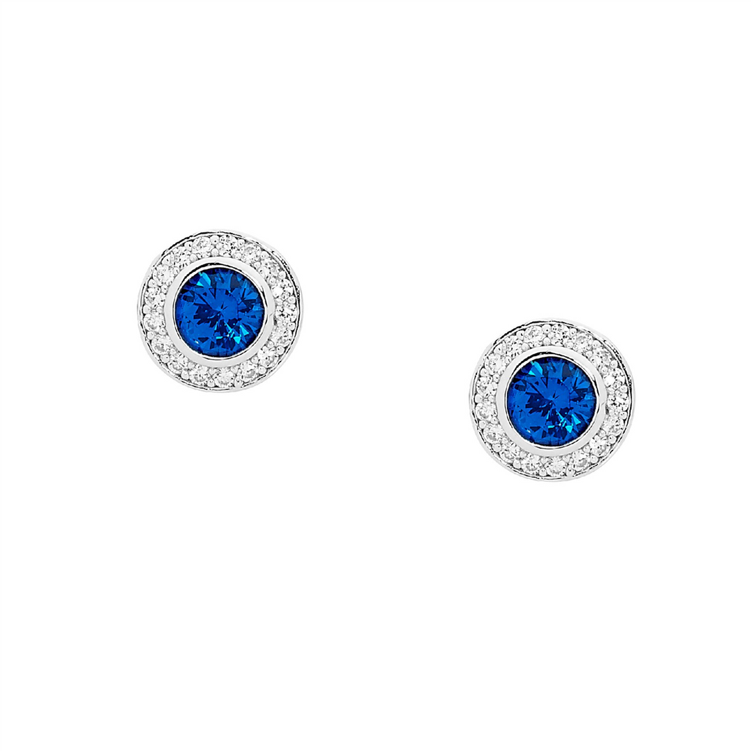 SS Round Dk Blue CZ Sol. w/ WH CZ Claw Surround Earrings