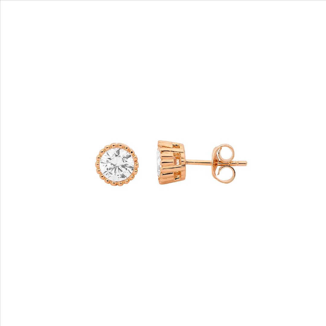 Sterling silver 4mm wh cubic zirconia crown set earrings w/ rose gold plating
