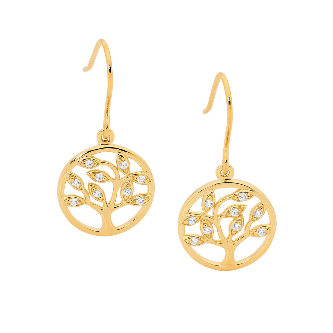 Sterling silver wh cubic zirconia tree of life earrings on shp/hook w/ gold plating - rrp $99