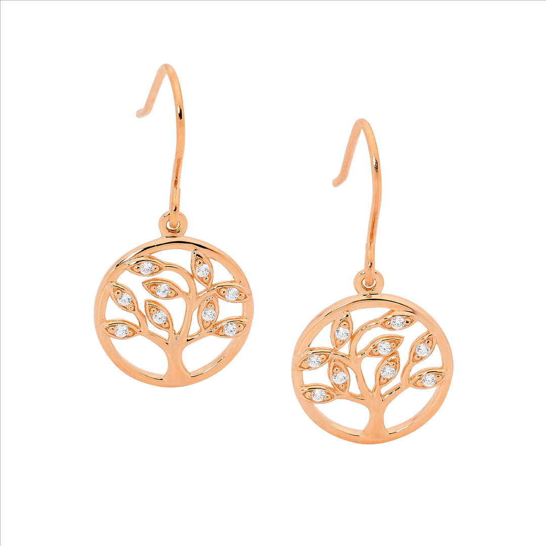 Sterling silver wh cubic zirconia tree of life earrings on shp/hook w/ rose gold plating