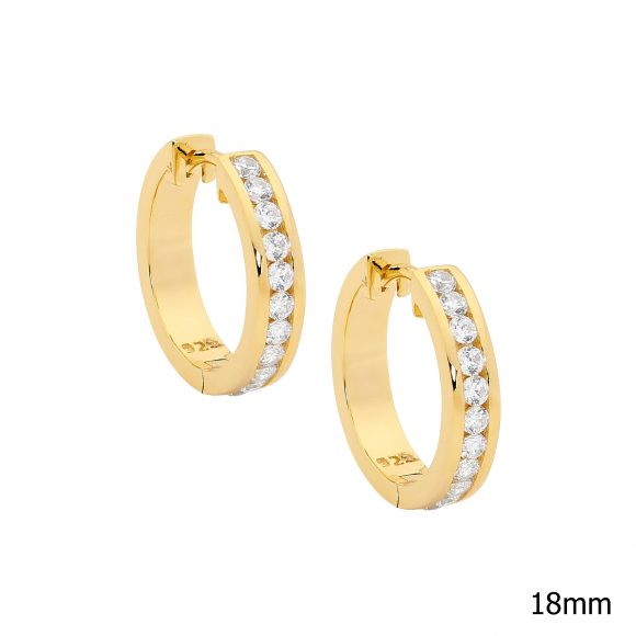 SS WH CZ Rnd Channel Set 18mm Hoop Earrings w/ Gold Plating