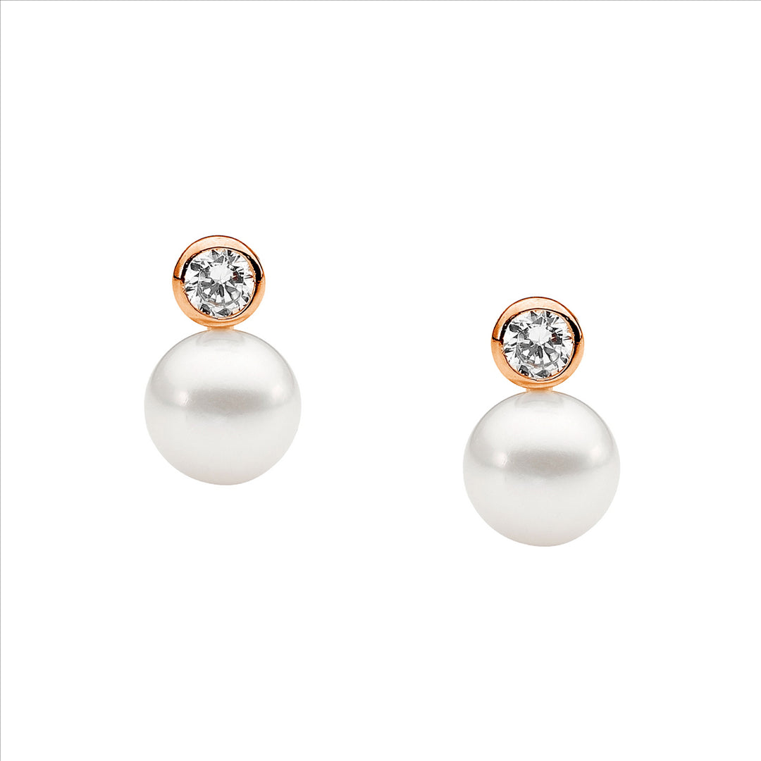 Sterling silver 4mm bezel set wh cz, 7mm freshwater pearl earrings w/ rose gold plating